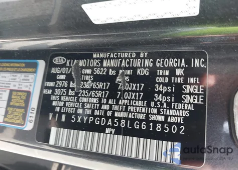 2020 Kia Sorento 3.3L Lx from USA, damaged, VIN 5XYPGDA58LG618502